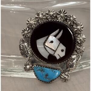 Vintage Zuni Simplicio Sterling MOP Inlay and Turquoise Horse Brooch/Pendant